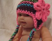 Chocolate, Hot Pink, Lime Green & Ice Blue Bluebird Earflap Hat with Flower