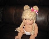 Fuzzy Tan Bear Hat with Pink Bow