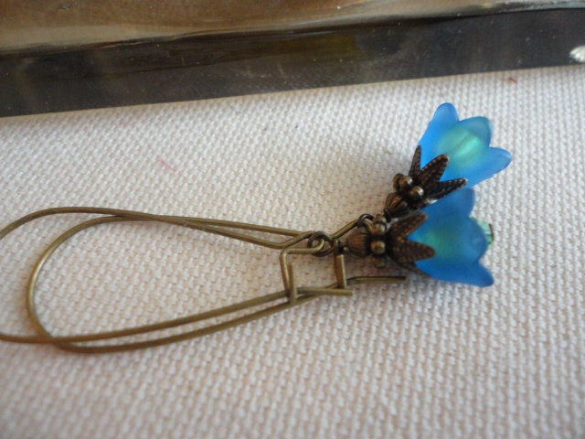 Lucite Flower Dangle Earrings -- Antique Brass, Light Green Crystal, Cobalt Blue, Long Dangle, Tulip