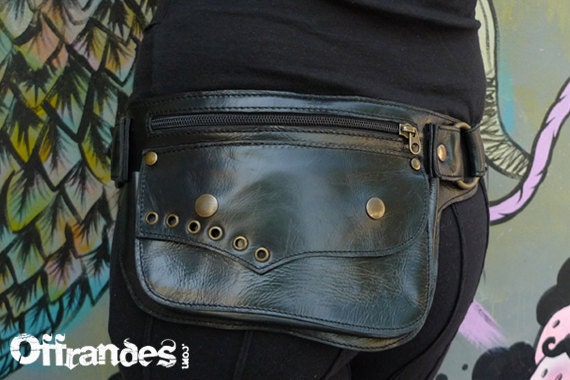 Utility Leather HiP Belt BaG - " LUNAR ECLIPSE " - BLACK // leather belt with pockets.
