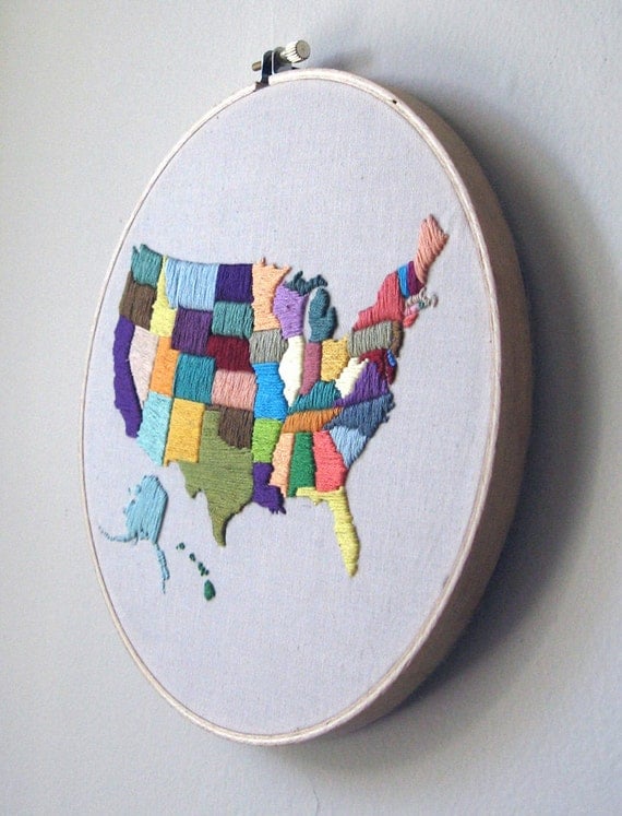 Hand Embroidered Map of USA Wall Hanging in 8" Hoop