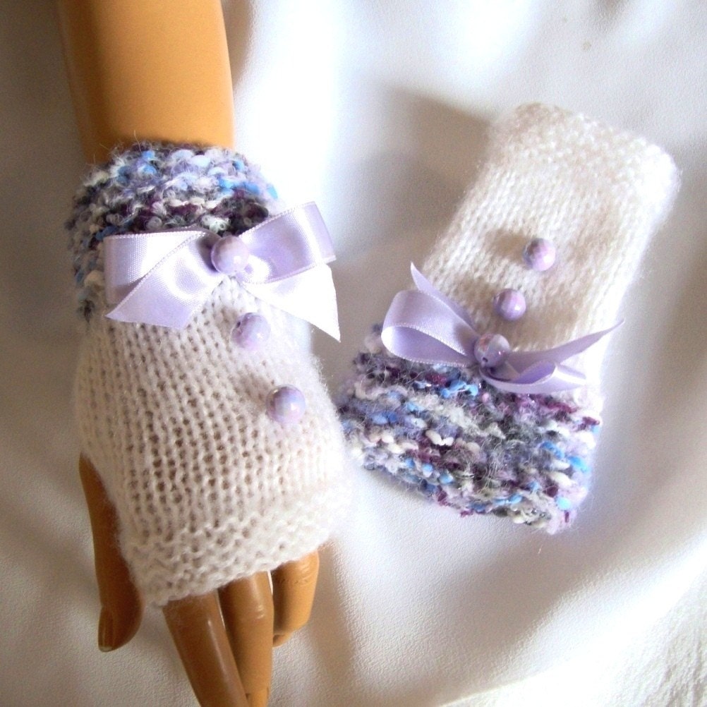 Hand Knit Gloves, White Gray Blue Lavender Fingerless Gloves, Mitten, Arm Warmer, Adorned White Ribbon And Beads