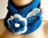 Hand Knit Oil Blue Neckwarmer, Scarf, Flower Beed And Button, Wrap, Cowl, Chunky, Winter Accessories, Holiday Accessories, Fall Fashion