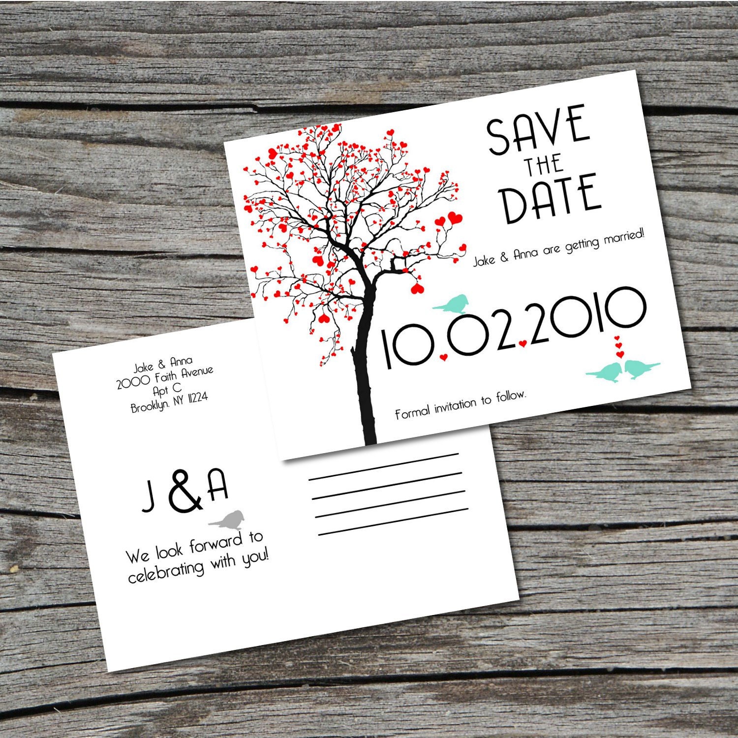 Wedding Invitation, Save the Date, Postcard, Heart Tree, Set of 100 by ticklemeink on Etsy