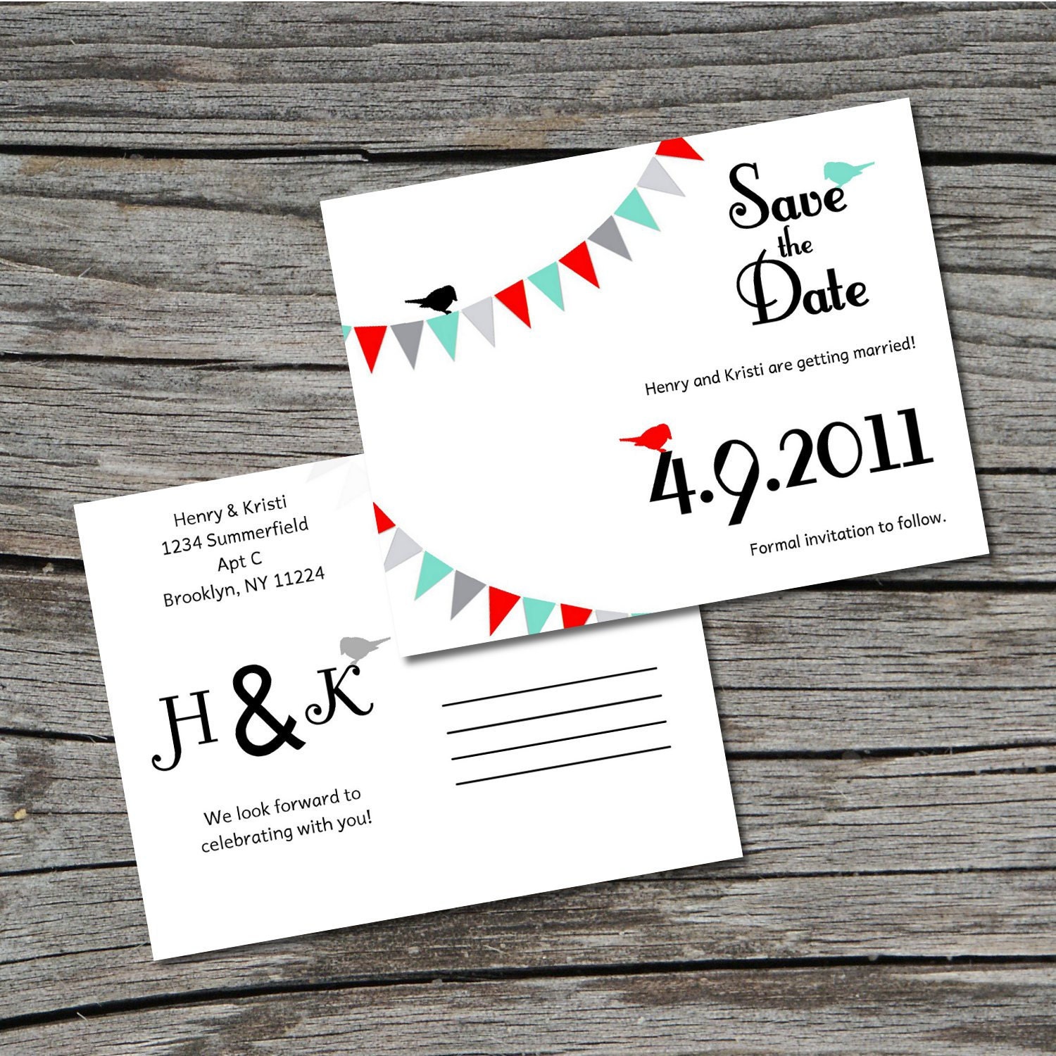 Wedding Invitation, Save the Date, Postcard, Flag Bunting Bird, Set of 100 by ticklemeink on Etsy