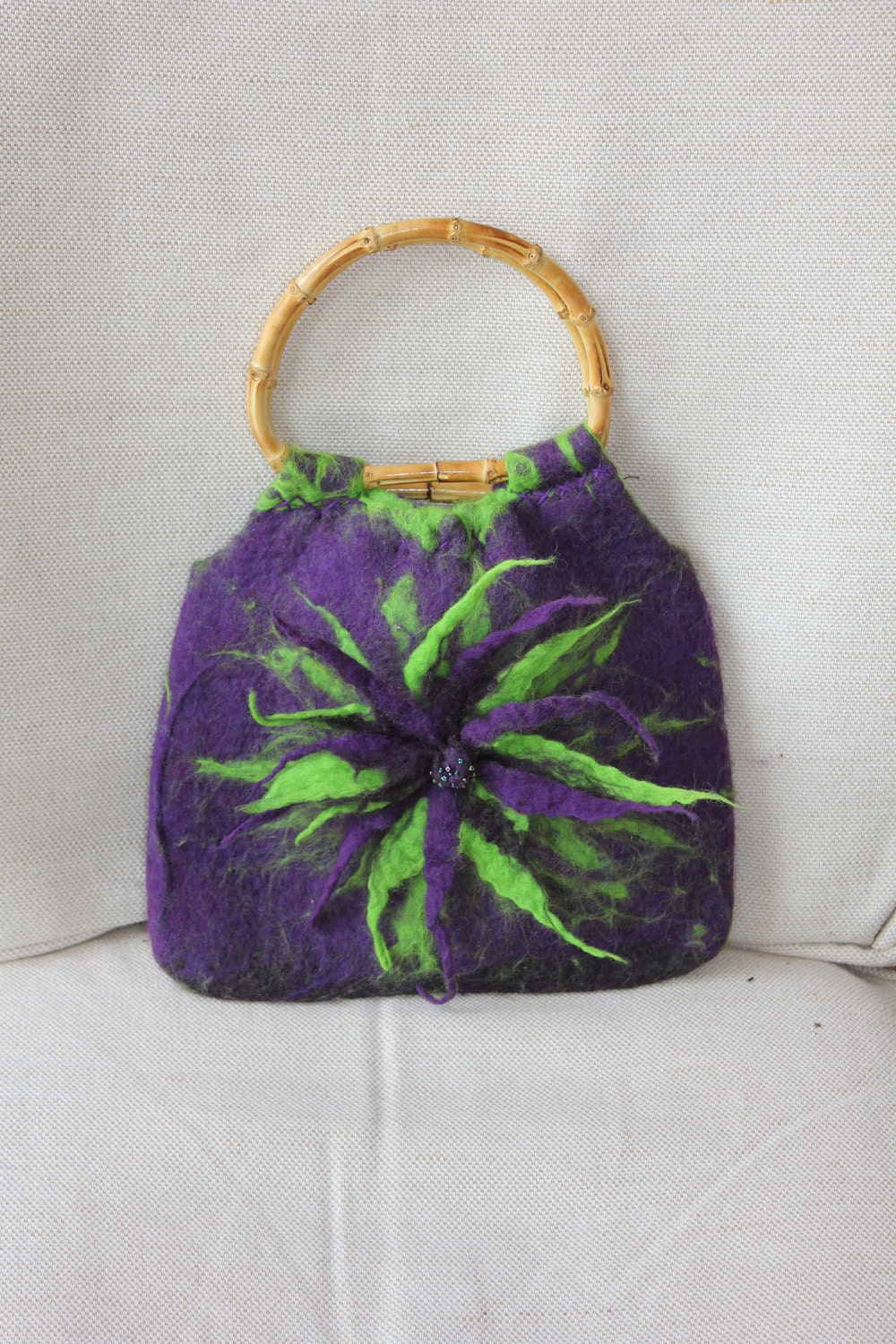 Purple and Green felted wool bag purse handbag with felted flower emblem & bamboo handles...Art to Wear