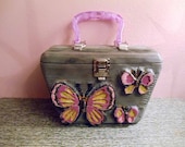 Flirty Hand Carved WOOD BOX PURSE Butterfly purple/gray