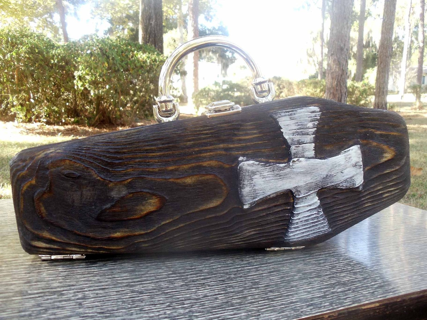 Hand Carved WOODEN COFFIN PURSE Iron Cross Rockabilly Goth