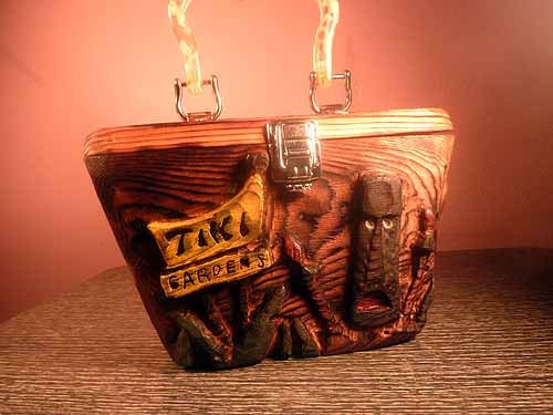 Hand Carved Wooden Box purse TIKI GARDENS tribute Rockabilly vlv