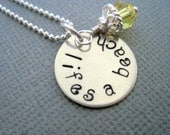 Lifes a Beach Hand Stamped Necklace Sterling Silver Personalized engraved womans jewelry yellow crystal