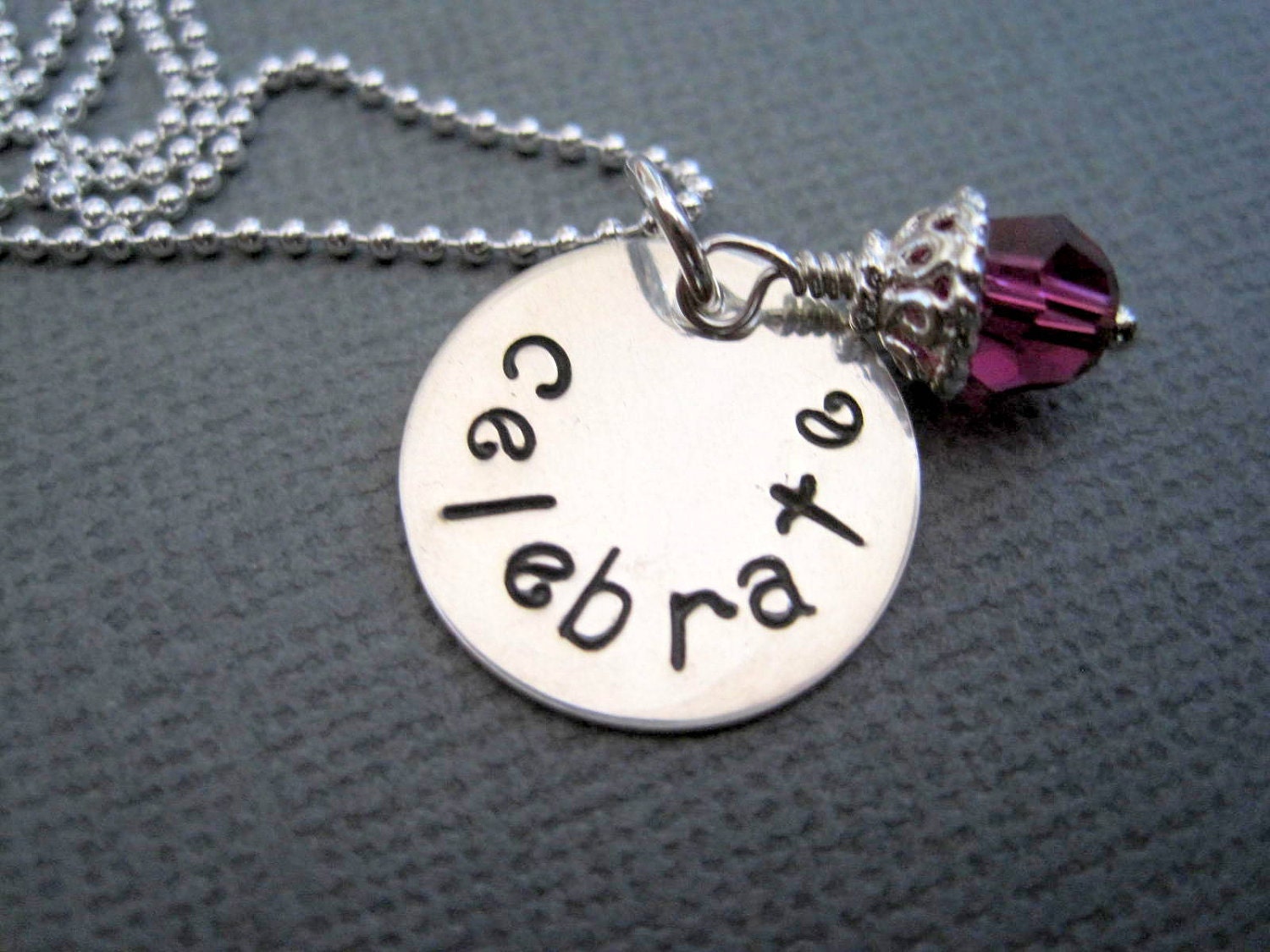 Celebrate Hand Stamped Necklace Sterling Silver inspirational jewelry personalized engraved womans girls handmade pendant fuschia crystal