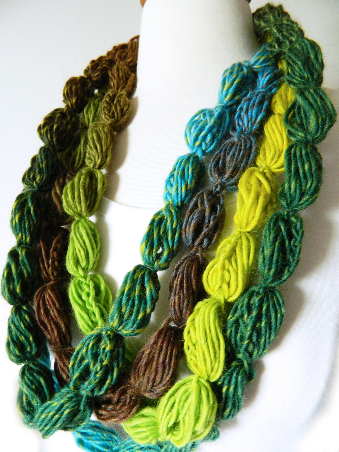 Pompom Scarf Crochet Lariat Necklace Neckwarmer Scarf - Pompom Puff Stitch Lariat - Green, Yellow, Brown, Turquoise