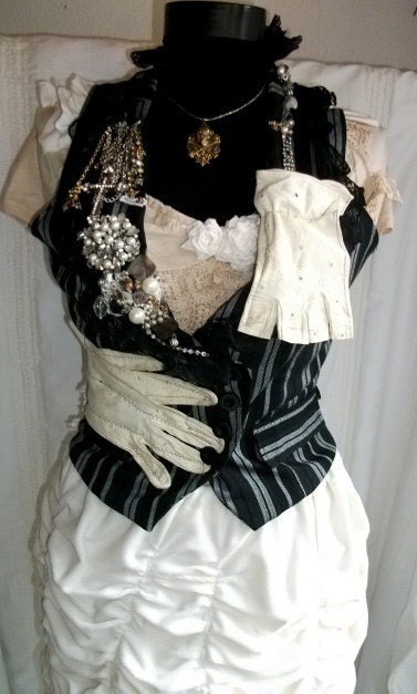steampunk vest, steampunk, upcycled clothing, upcycled vest, striped vest, shabby chic vest, gothic, victorian, vintage style, size small