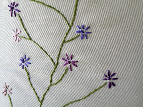 Khaki cotton pillow cover with purple embroidered flowers removable with envelope back