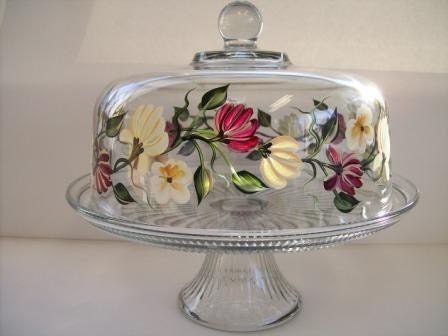 Covered Cake Dish Hand painted with Mums