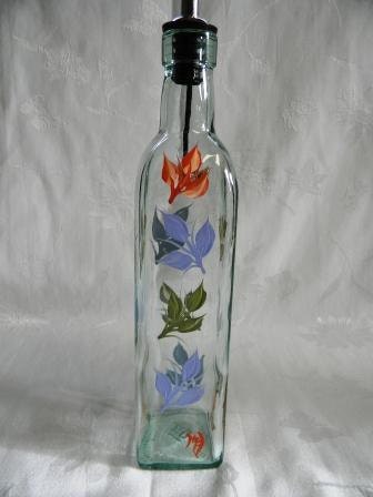 Oil Dispenser hand painted with blue green and peach leaves