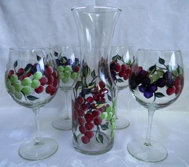 Wine Decanter Set hand painted with tuscan grapes