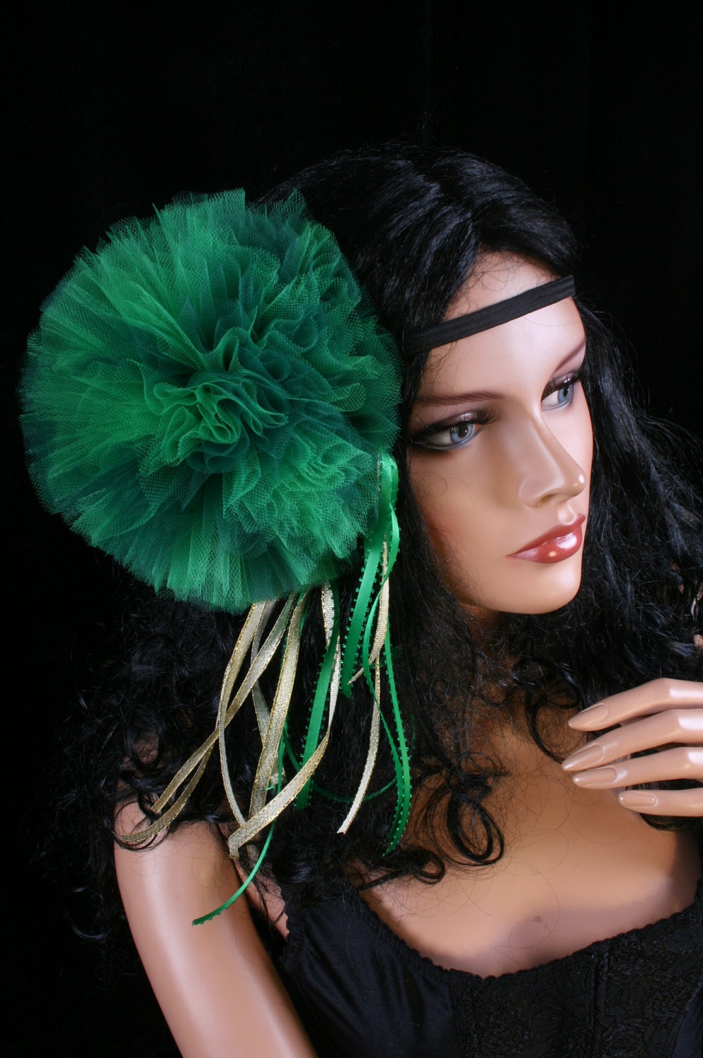 St Patricks Day Pom pom headband tutu tulle hair bow pompom gold green perfect for children and adults -- Enchanted