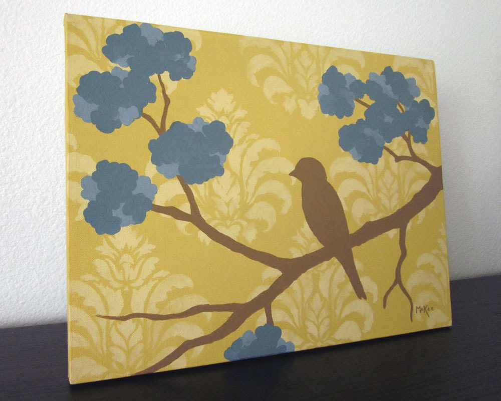 Silhouetted bird painting, yellow damask background, blue flowers, acrylic 16 x 12 inch original painting on canvas