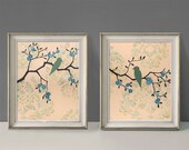 Love Bird Prints, Cottage Chic Wall Decor, Damask and Flowers, Large Prints, Set of Two, 11 x 14 inches