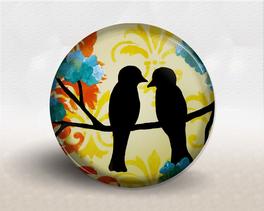 Love Birds Pocket Mirror, Blue flowers, orange yellow damask