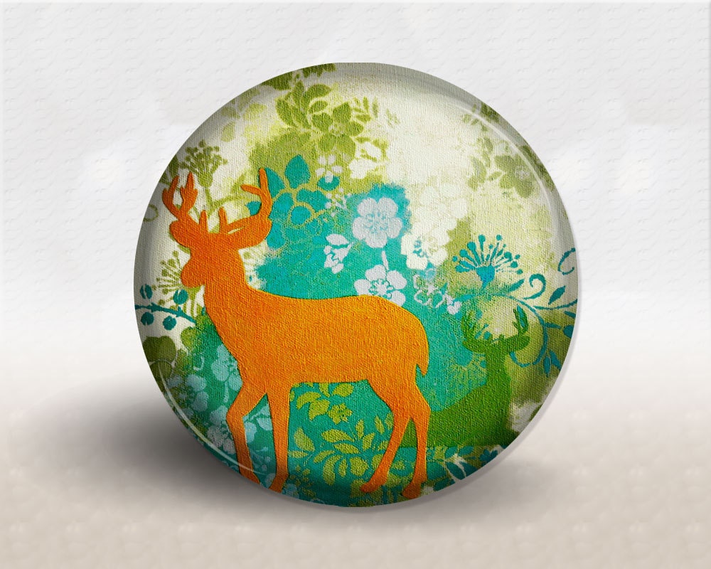 Deer Pocket Mirror, Woodland Flowers Green Turquoise Yellow