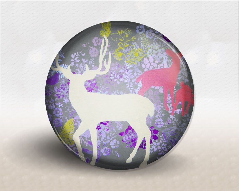 Pocket Mirror, Woodland Deer, Flowers, Gray Pink Purple Yellow