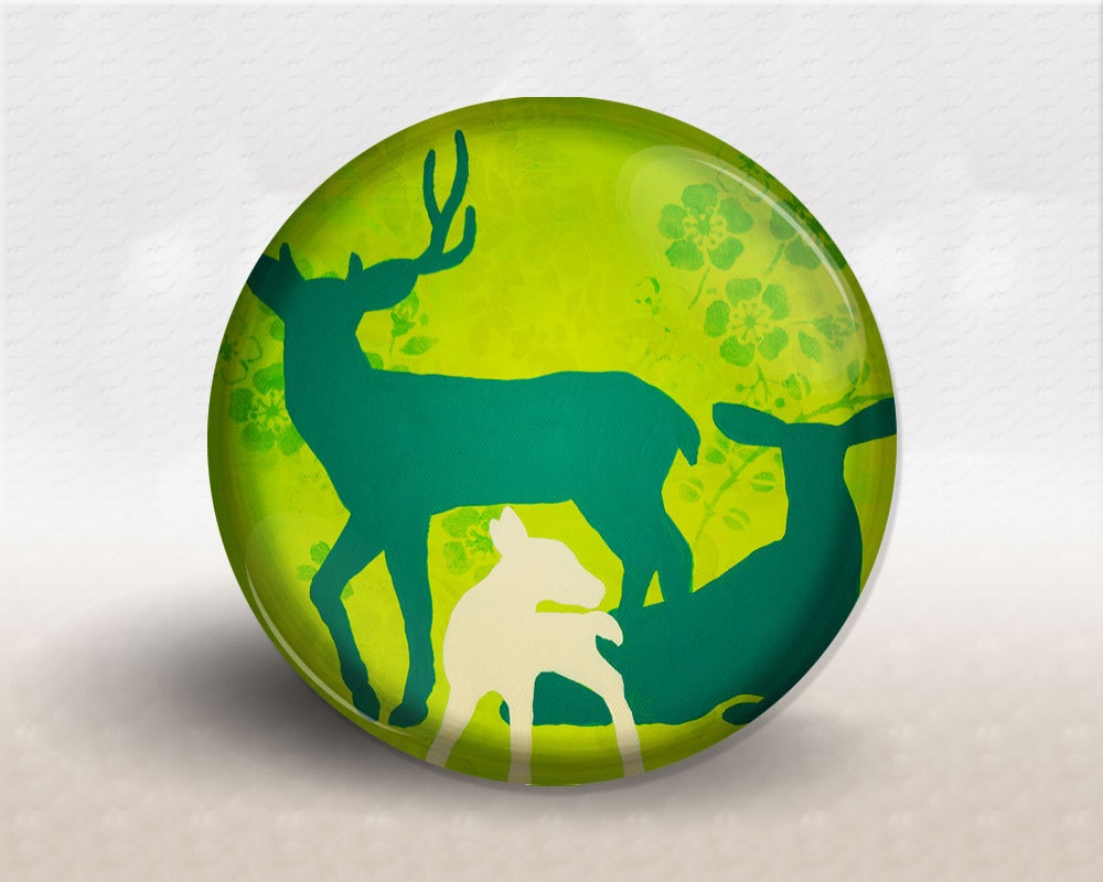 Pocket Mirror, Deer Family, Woodland, flowers, Lime Green Teal
