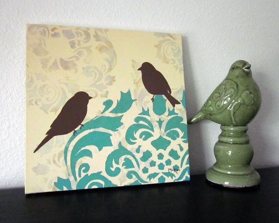 Damask Birds Painting,  French Country, Damask Wall Decor Art, Cottage Chic Shabby, 12x12 inch original acrylic