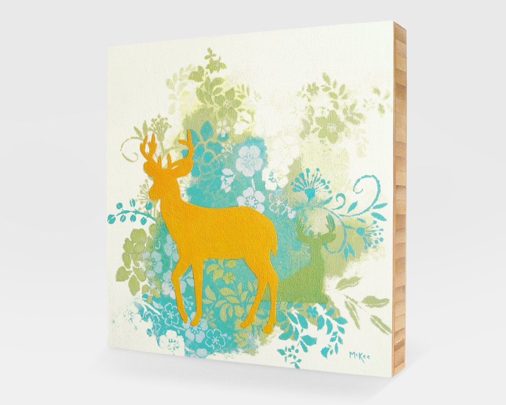 SALE Woodland Deer Print, Art Block, Mounted on bamboo, 5 x 5 inches