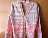 Vintage Beige & Pink Patterned Cardigan - Women's Size Medium