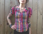 Bright Spring Plaid Button-Up Blouse w/ Ruffle Sleeves - Women's Extra Small