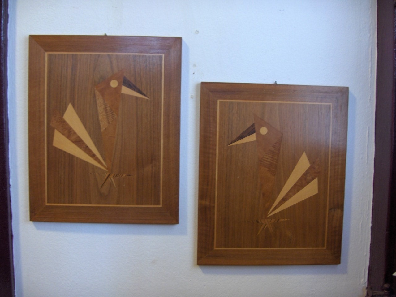Pair Mid Century Abstract Mirror Image Roosters, Wood Inlaid Bird Plaques