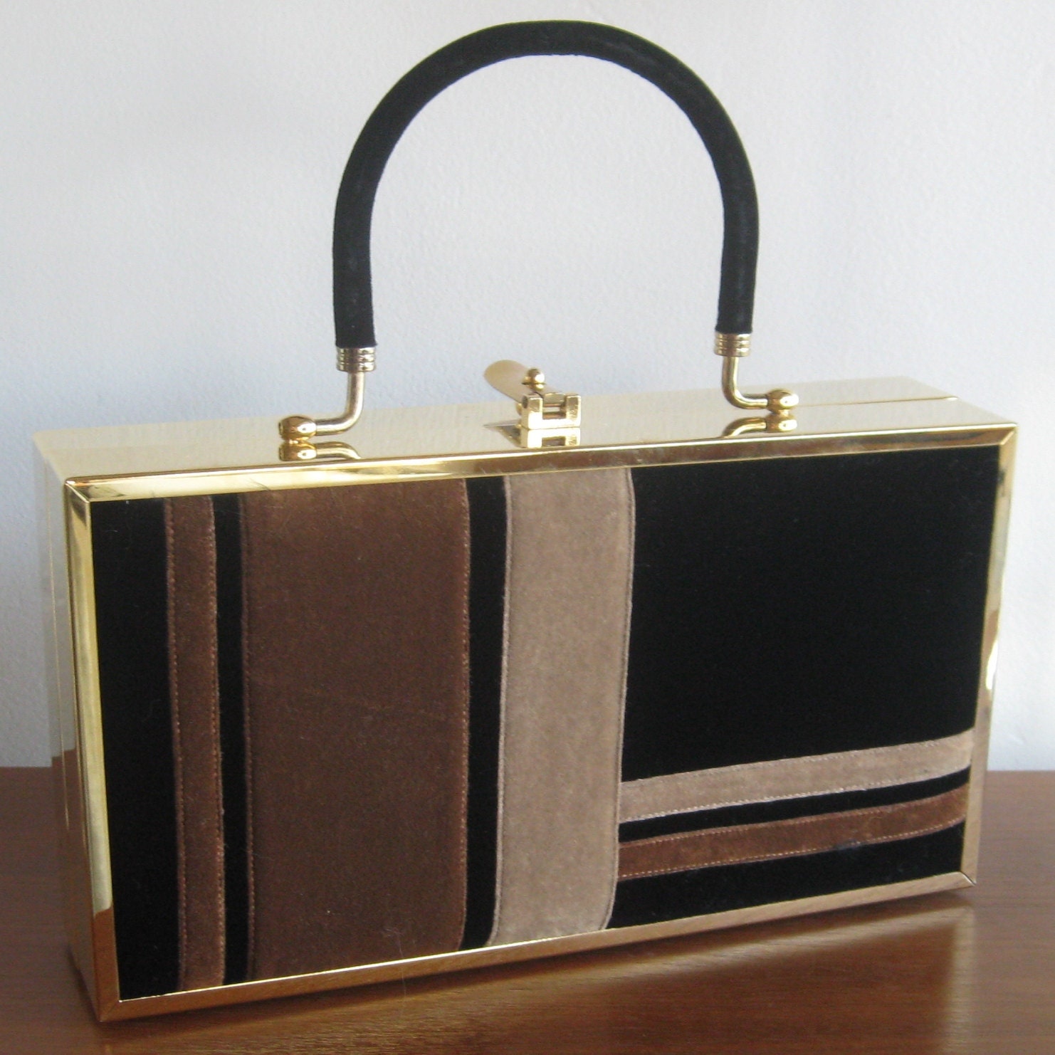 Vintage 50s 60s Lou Taylor of Miami Gold Metal Frame Color Block Velvet Box Purse Handbag