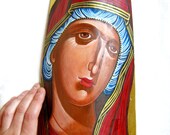 Holy Virgin Mary- orthodox icon handpainted  on a vintage ceramic tile - 13 by  6.4 inches