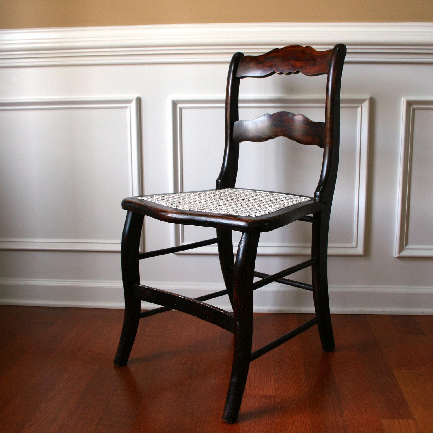 Antique Caned Chair. Cane Chair. Desk Boudoir Chair. Mahogany Brown. White Caning. Shabby Chic. Cottage Style. Home Decor. Rhapsodyattic.