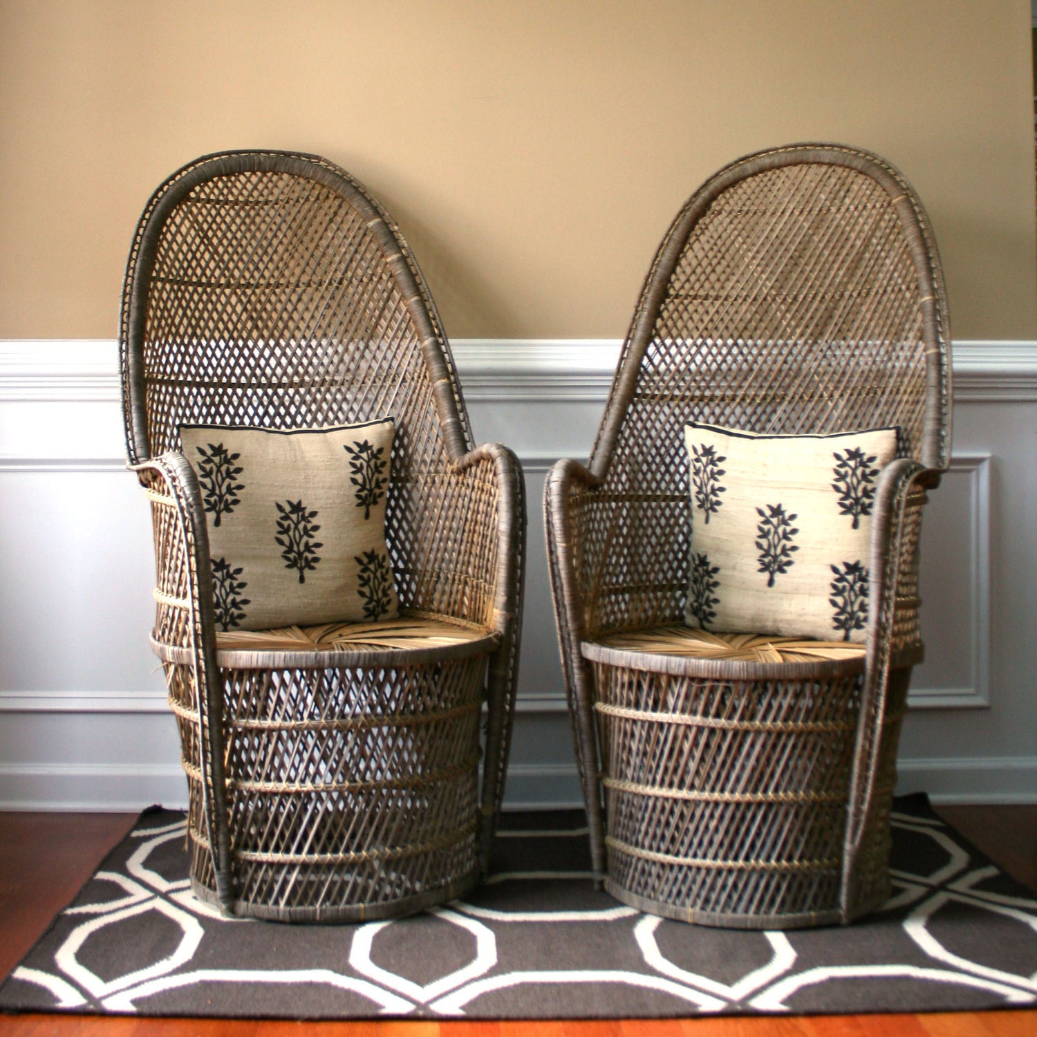 Pair High Fan Back Chairs. Throne Chairs. Armchair. Rattan. Wicker. Mid Century. Spring. Alfresco Dining. Patio Furniture. Interior Design.