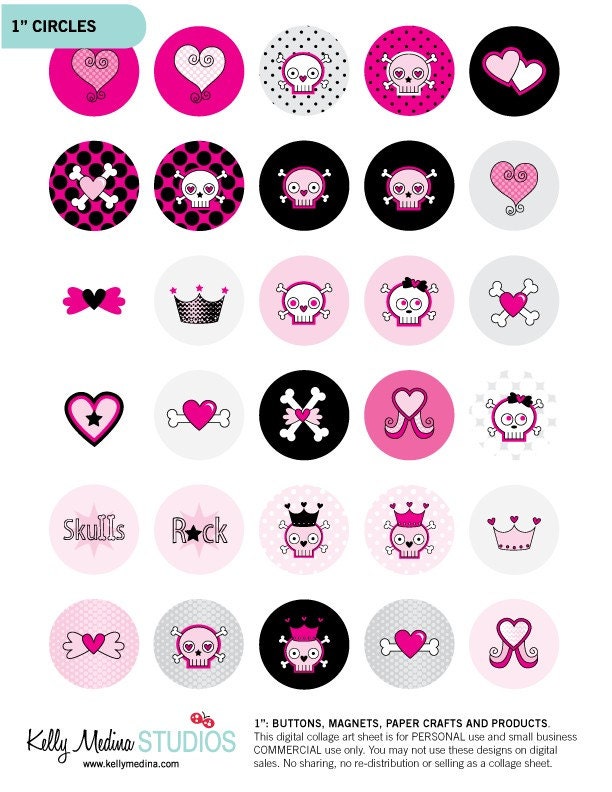Skulls and Hearts - 1 inch Circle Digital Collage Sheet - Commercial use for Cupcake Toppers, Magnets, Paper Crafts and Products