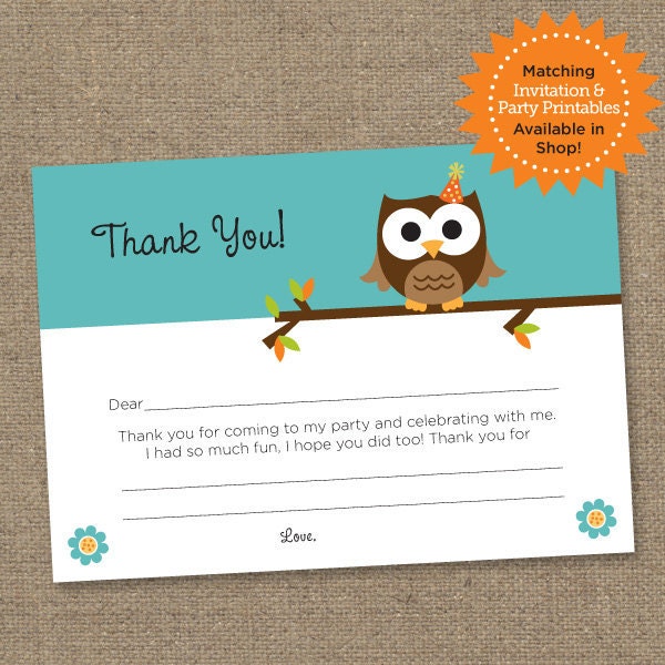 Owl Birthday Note Thank You Card - Aqua - Printable Digital Fill In The Blank Note Card - Personal Use Only