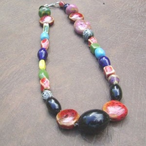 Large, Colorful, Bohemian, Fun, Funky, Beaded Necklace, Porcelain, -  Blue Jean Beads I