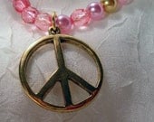 Beaded Necklace, Peace Sign, Hippie, Pink and Gold