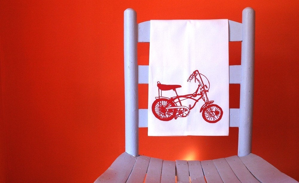 Tea Towel. Bike in Red. Hand Screen Printed.