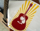 Tea Towel. Guitar. Red and Yellow. Hand Screen Printed.