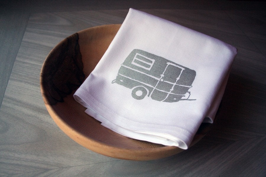 Tea Towel. Camper in Silver. Hand Screen Printed.