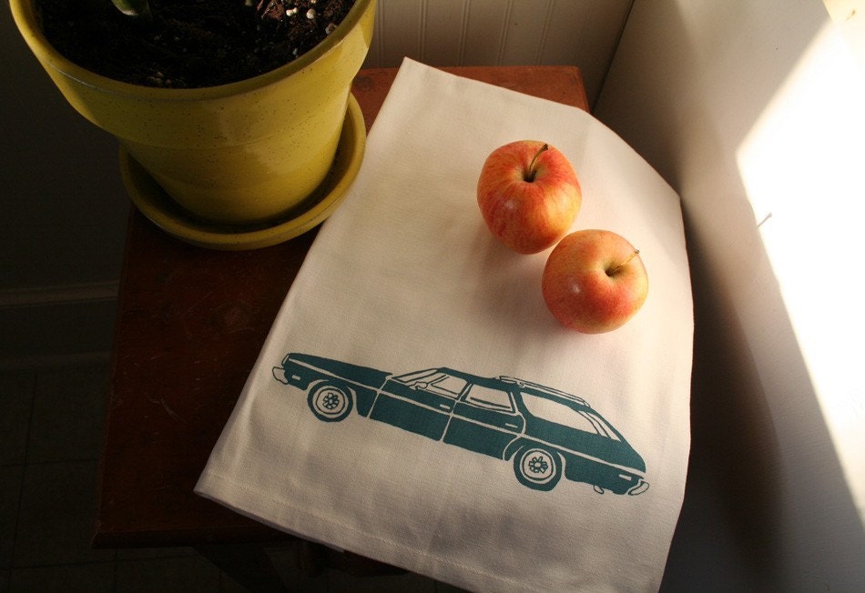 Tea Towel. Impala Station Wagon in Turquoise. Hand Screen Printed.