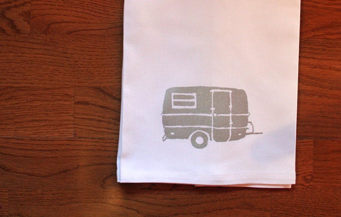 Tea Towel. Camper in Silver. Hand Screen Printed.