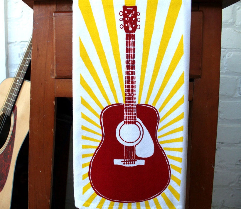 Tea Towel. Guitar. Red and Yellow. Hand Screen Printed.