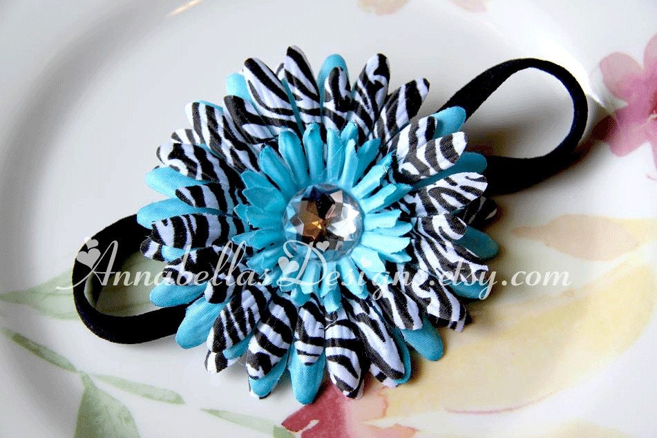 Turquoise and Zebra Gem Center Daisy on a Black Skinny Stretch Headband - Babies/Toddlers/Girls/Adults