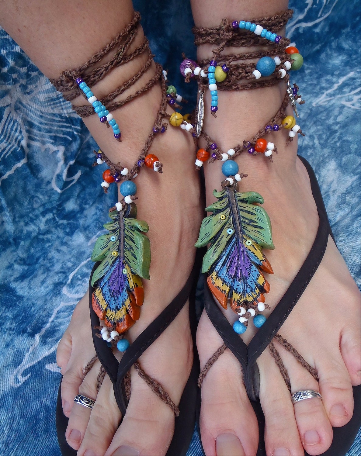reserved for Pam GYPSY barefoot sandals PEACOCK feather for many occasions bridal sandals made to order hippie hula hooping belly dance