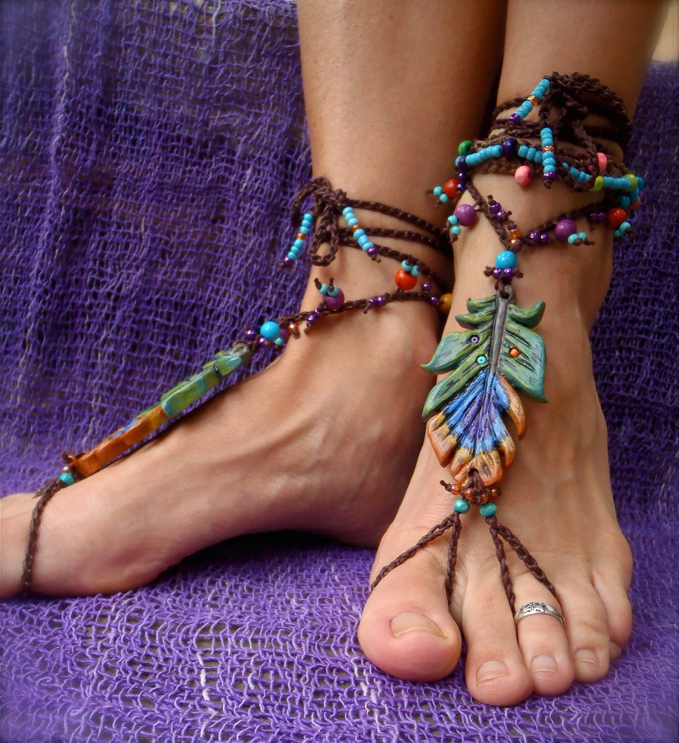 reserved GYPSY BAREFOOT sandals PEACOCK feather bridal sandals made to order hippie hula hooping belly dance foot jewelry beach